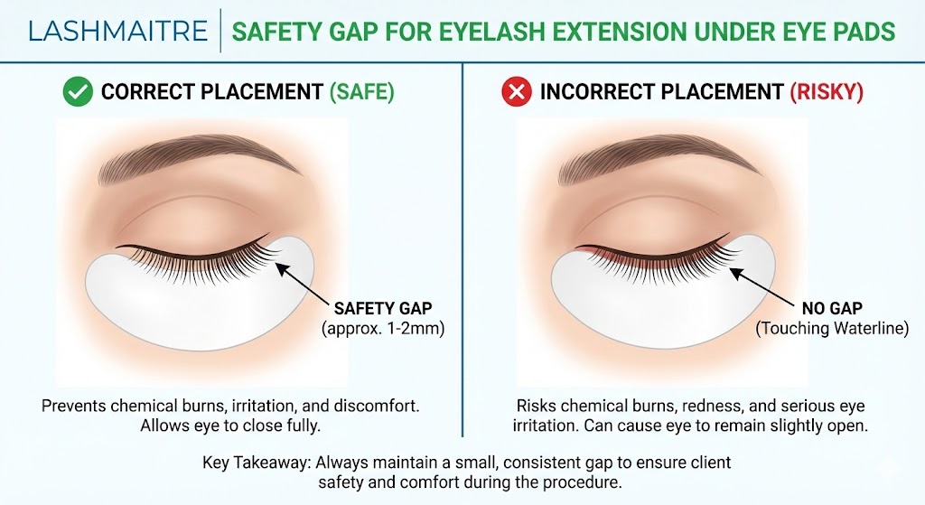LASHMAITRE instructional diagram showing the correct 1-2mm safety gap for lint free eye patches during eyelash extension application to prevent chemical burns and irritation.