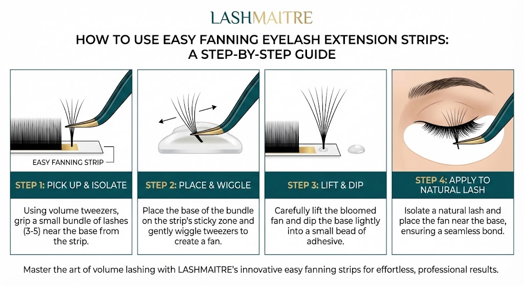 LASHMAITRE step-by-step guide showing how to use easy fanning eyelash extension strips from their wholesale lash trays to create perfect volume fans.