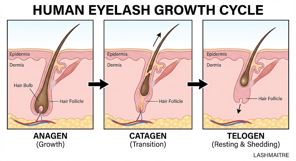 Medical diagram illustrating the human eyelash growth cycle (Anagen, Catagen, Telogen phases), visually explaining natural shedding versus the myth surrounding the question "do lash extensions damage eyelashes".