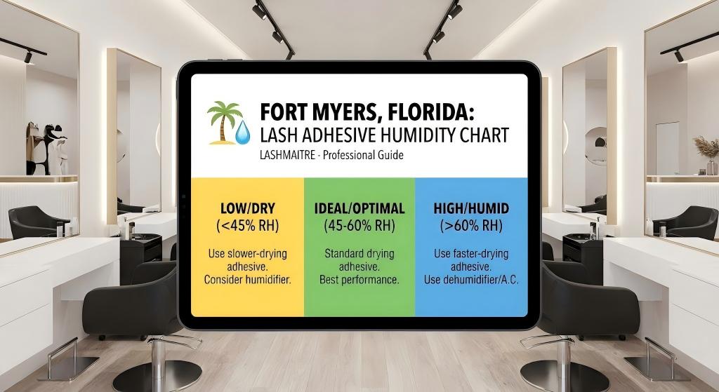 LASHMAITRE digital guide displayed on a tablet in a salon, advising technicians in Fort Myers, Florida on selecting the correct lash adhesive for high humidity conditions exceeding 60% RH.