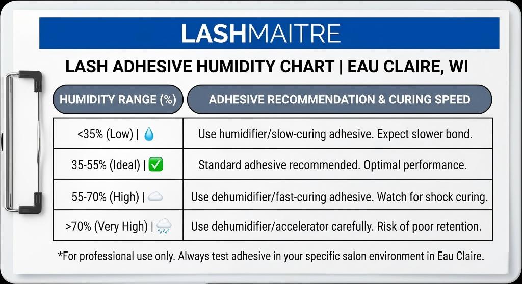 LASHMAITRE technical chart illustrating adhesive adjustments needed to improve lash retention in cold weather in Eau Claire, specifically addressing low humidity challenges.