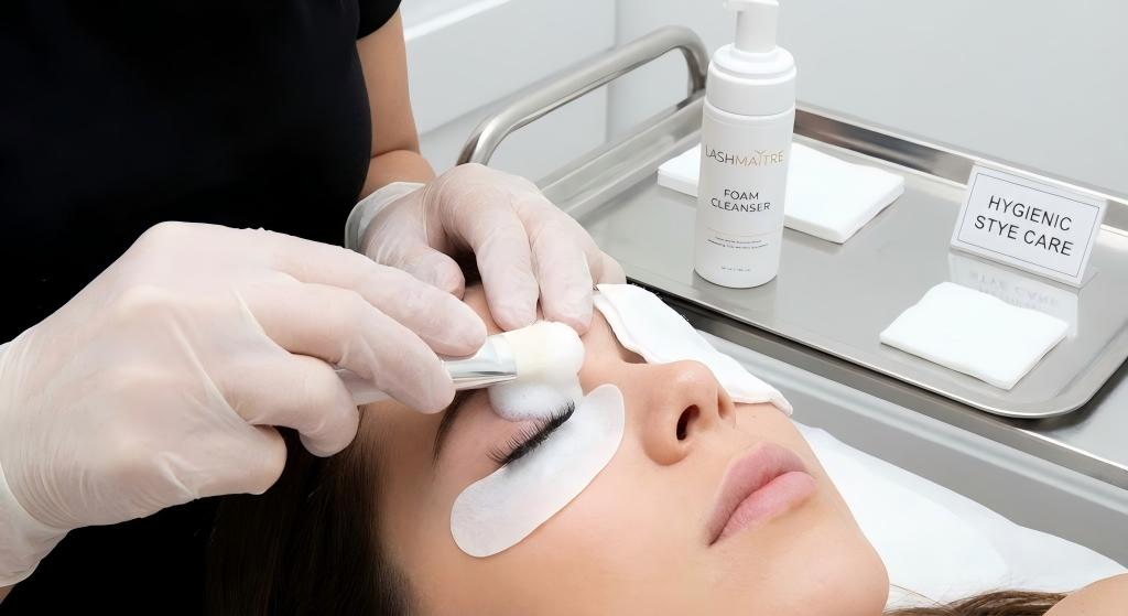 Close-up of a professional carefully using LASHMAITRE foam cleanser and a soft brush for hygienic cleaning, demonstrating how to safely treat a stye without damaging eyelash extensions.