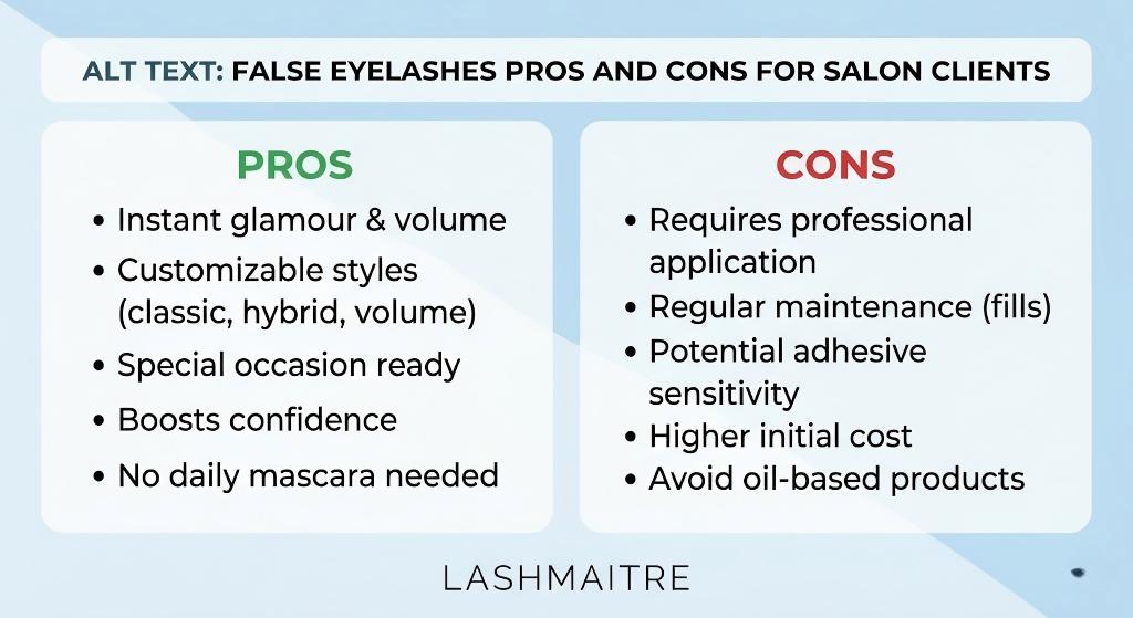 A LASHMAITRE infographic detailing the pros and cons of salon-applied lashes, helping clients decide between eyelash extensions vs strip lashes. The chart lists benefits like customizable styles and drawbacks like maintenance fills.