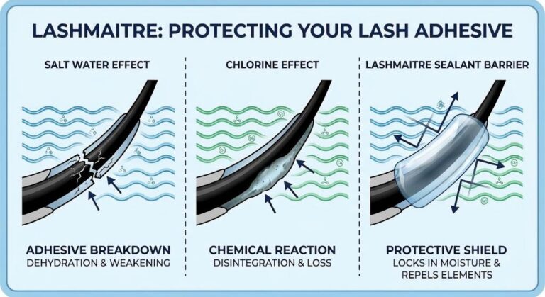 LASHMAITRE infographic illustrating the damaging effects of salt water and chlorine on lash adhesive and how the LASHMAITRE Sealant Barrier provides a protective shield, perfect for maintaining lashes at Clearwater Beach.