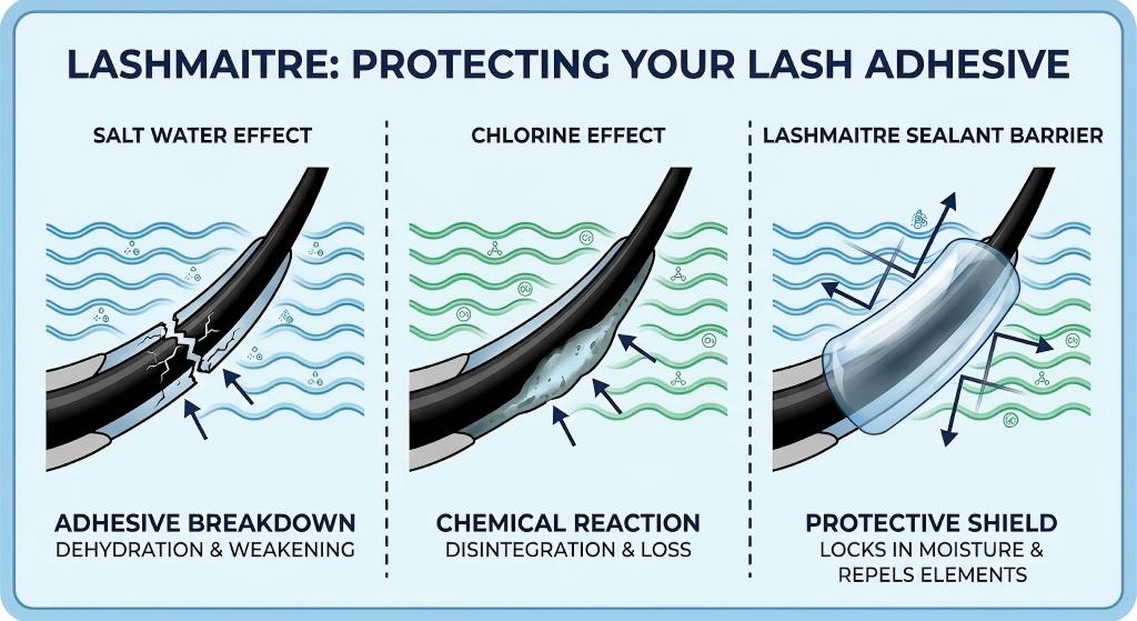 LASHMAITRE infographic illustrating the damaging effects of salt water and chlorine on lash adhesive and how the LASHMAITRE Sealant Barrier provides a protective shield, perfect for maintaining lashes at Clearwater Beach.