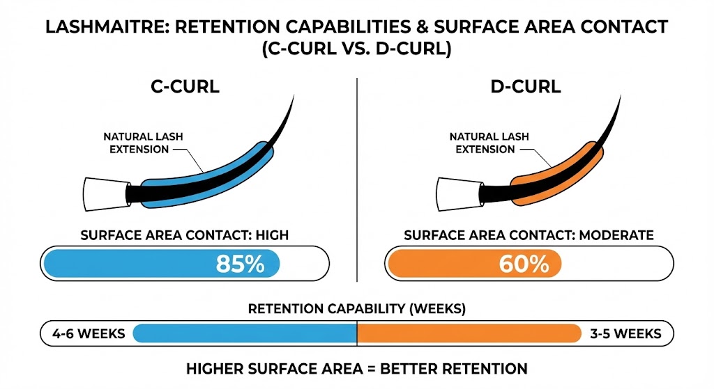 LASHMAITRE scientific infographic comparing the retention capabilities of c curl vs d curl lashes based on surface area contact. The chart shows C-Curl has high contact (85%) lasting 4-6 weeks, while D-Curl has moderate contact (60%) lasting 3-5 weeks, demonstrating that higher surface area equals better retention.
