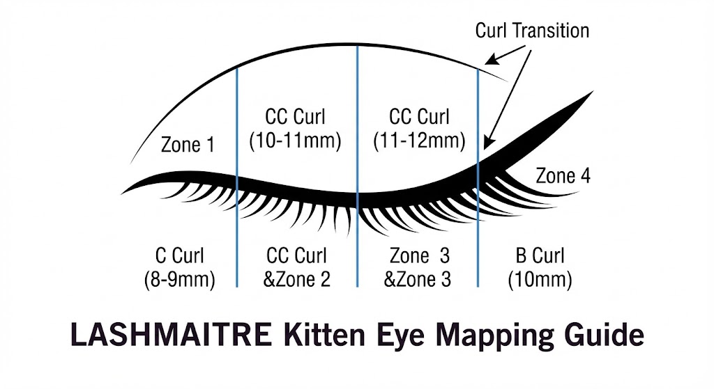 "Technical lash mapping diagram by LASHMAITRE for a 'Kitten Eye' style, illustrating a mixed-curl technique using C-curl, B-curl, and cc curl eyelash extensions in central zones for lift."