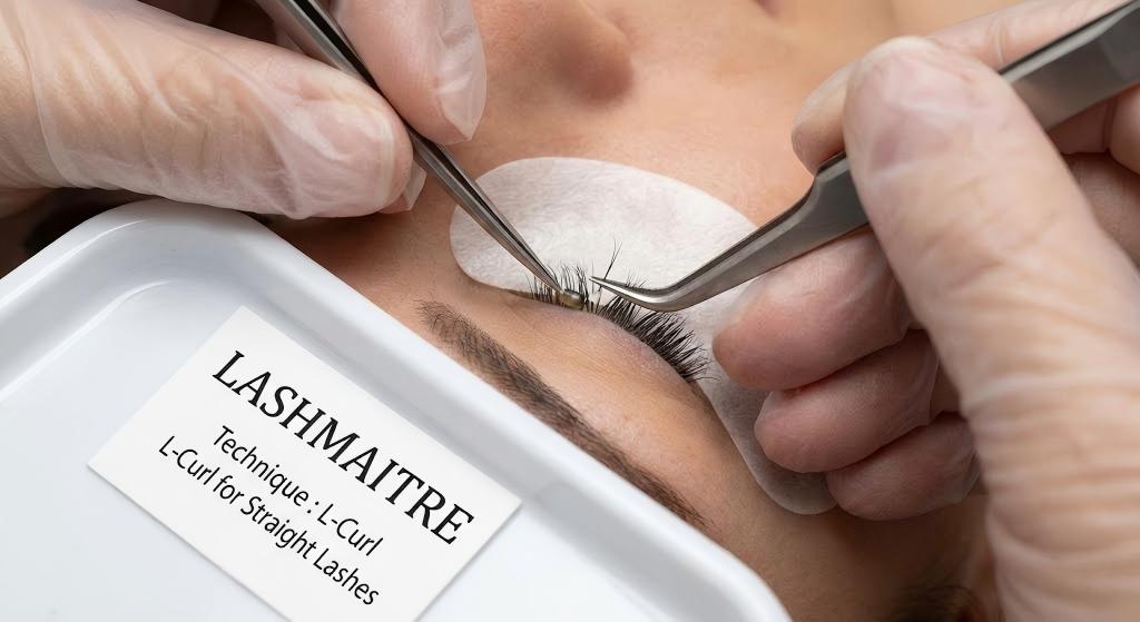 Close-up of a LASHMAITRE technician applying an L-curl eyelash extension to a client's straight natural lash, demonstrating the specialized technique for eyelash extensions for straight eyelashes.