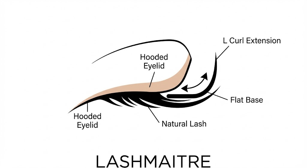 "Technical diagram illustrating the L-curl lift technique on a hooded eyelid, a crucial method for achieving a Fox Eye look when compared to standard cat eye vs fox eyelash extensions styling – LASHMAITRE."
