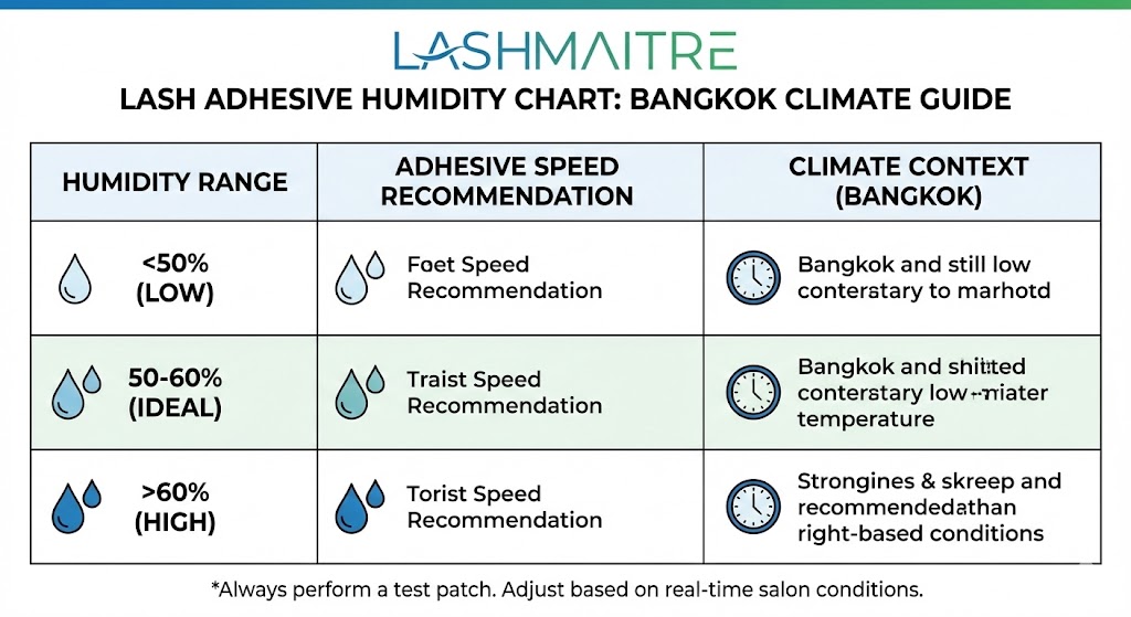 LASHMAITRE technical chart illustrating how to select the correct lash adhesive for high humidity conditions in Bangkok, showing the >60% range and corresponding adhesive speed recommendations.