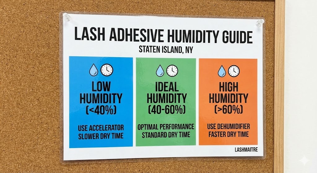 LASHMAITRE Lash Adhesive Humidity Guide chart for Staten Island, NY, showing a blue section for low humidity (<40%) which recommends using an accelerator for slower dry times, alongside green and orange sections for ideal and high humidity.