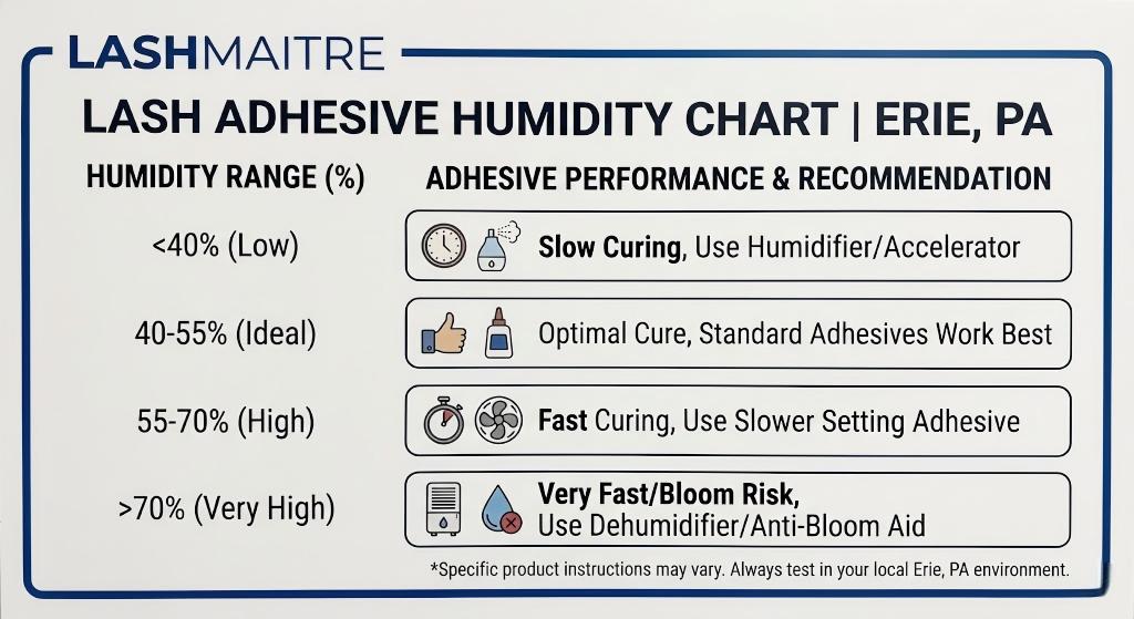 LASHMAITRE technical chart showing the optimal adhesive humidity ranges for eyelash extensions erie pa, guiding technicians on managing local climate variations for best retention.