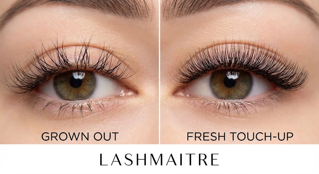 Close-up split image comparing grown-out eyelash extensions with gaps versus a restored fresh touch-up, illustrating the importance of scheduling fills as part of lash aftercare for salons, by LASHMAITRE.