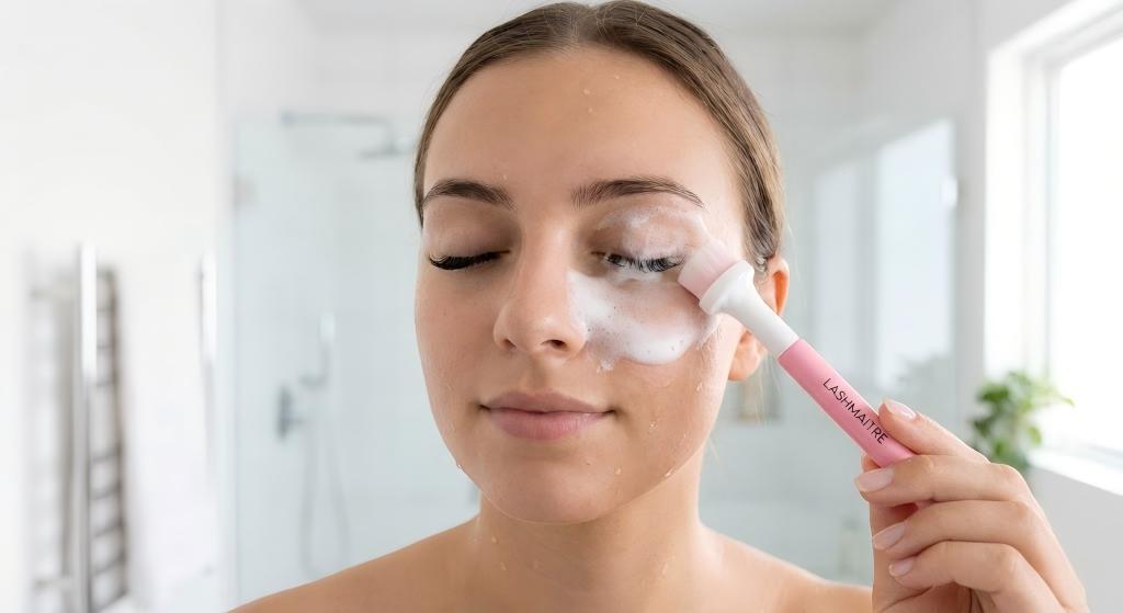 "Close-up of a daily cleansing routine using LASHMAITRE foam, demonstrating the key prevention method for clients asking 'can eyelash extensions cause styes'."