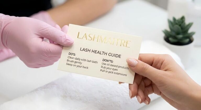 Close-up view of a lash technician handing a LASHMAITRE "Lash Health Guide" aftercare card to a client, providing essential instructions to answer the common concern: are lash extensions bad for your eyelashes.