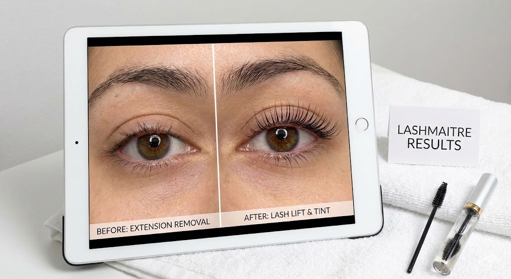A LASHMAITRE tablet display showing before-and-after photos of natural lashes undergoing a "lash lift after extension removal" and tint procedure.