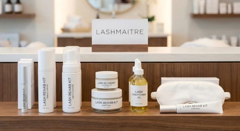Retail display of the LASHMAITRE Lash Rehab Kit containing cleansers and oils to treat eyelashes after eyelash extensions removed.