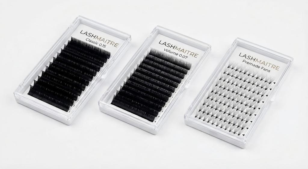 "LASHMAITRE professional lash trays displayed on a white background, featuring 'Classic 0.15' and 'Volume 0.07' labels to demonstrate the product differences for classic eyelash extension vs volume application."