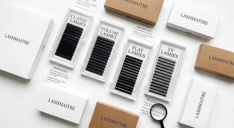A flat lay display of LASHMAITRE lash extension trays (Classic, Volume, Flat, YY) arranged to educate clients on safe lash weights and address the concern: do extensions really ruin natural lashes.