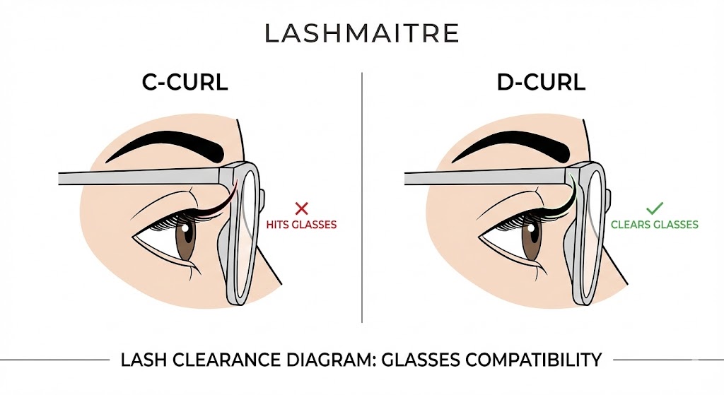 A LASHMAITRE diagram illustrating the difference between C-Curl and D-Curl eyelash extensions for glasses wearers. It shows the C-Curl hitting the lens and the D-Curl clearing it, guiding clients choosing lashes Kingsport TN.