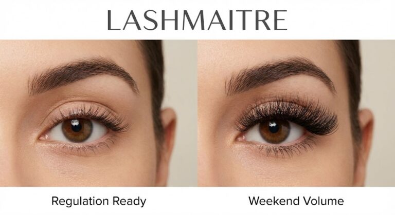 A side-by-side comparison by LASHMAITRE featuring lashes Minot ND, showing a subtle "Regulation Ready" natural set on the left and a dramatic "Weekend Volume" set on the right.