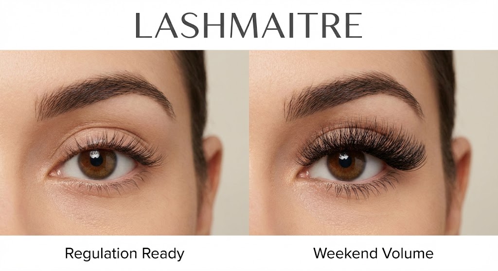 A side-by-side comparison by LASHMAITRE featuring lashes Minot ND, showing a subtle "Regulation Ready" natural set on the left and a dramatic "Weekend Volume" set on the right.