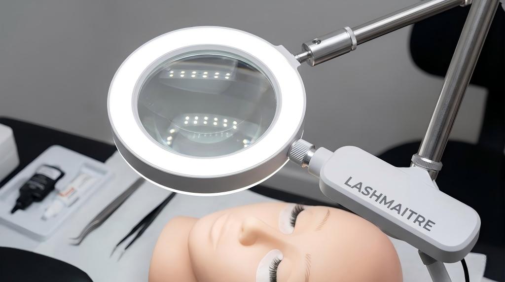 A close-up view of the LASHMAITRE LED magnifying lamp with an adjustable arm, designed as one of the best magnifiers for eyelash extensions, focused on a practice mannequin head.