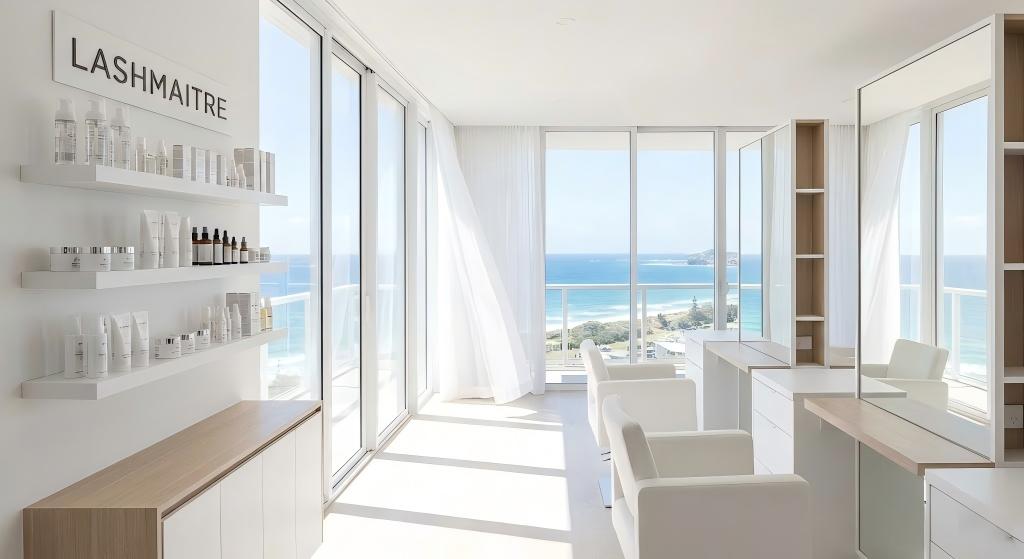 Interior of LASHMAITRE, a luxury salon for eyelash extensions in Clearwater, FL, featuring a modern white design, retail shelves with products, and large floor-to-ceiling windows overlooking the ocean beach.