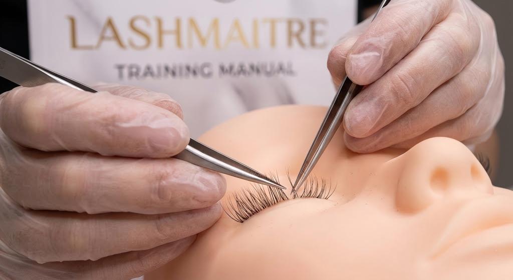 Macro close-up of LASHMAITRE tweezers performing perfect isolation on natural lashes, demonstrating the technique required to prevent the issue where eyelash extensions hurt when I blink.