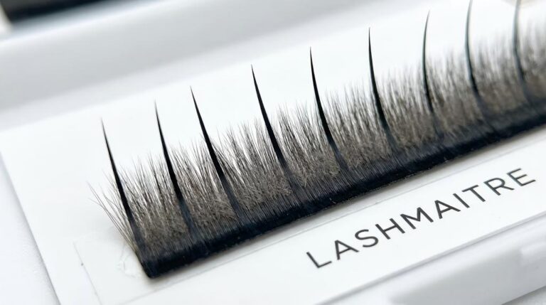 A macro close-up detailing the spiky fiber arrangement on a LASHMAITRE tray, specifically designed to create the wispy look of Kim Kardashian Eyelash Extensions.