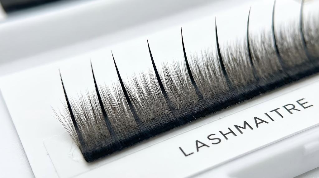 A macro close-up detailing the spiky fiber arrangement on a LASHMAITRE tray, specifically designed to create the wispy look of Kim Kardashian Eyelash Extensions.
