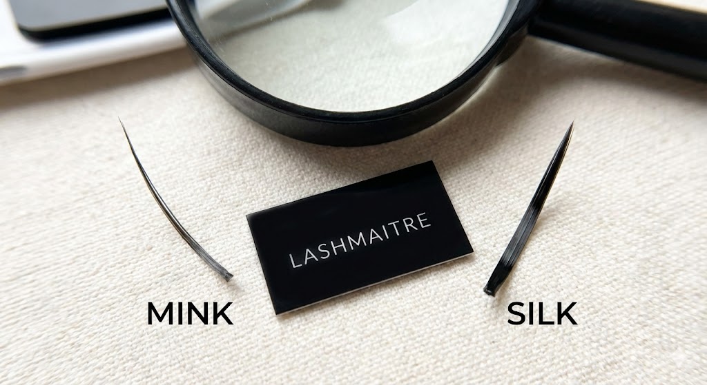 LASHMAITRE macro photography comparing the texture and taper of Mink vs Silk lashes under a magnifying glass, showcasing the detailed structure of high-quality synthetic lash materials.