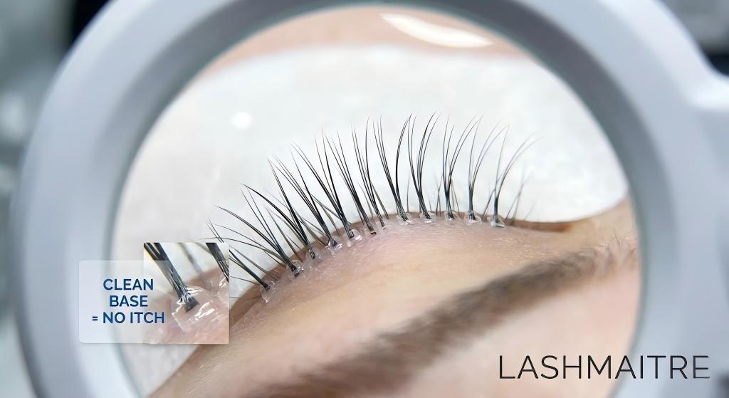 A magnified close-up demonstrating proper lash extension isolation with clean bases at LASHMAITRE, visually explaining how proper technique prevents the issue leading clients to ask "why do my eyelash extensions itch."