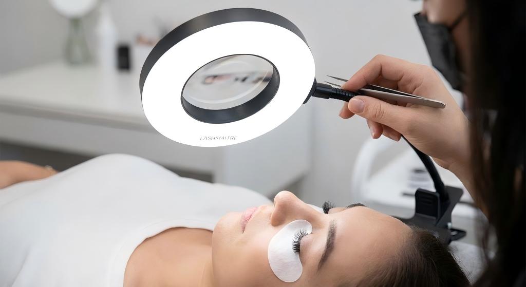 Close-up view of a lash technician using the LASHMAITRE magnifying LED ring light, an essential accessory for eyelash extension procedures to improve visibility and precision.