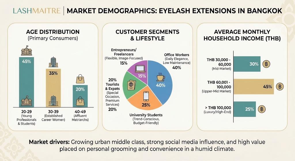 LASHMAITRE market research infographic detailing the age and income demographics for eyelash extensions bangkok, highlighting the dominance of young office workers and the tourist/expat segment.