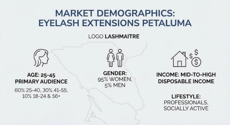 Infographic displaying target market demographics for eyelash extensions in Petaluma by LASHMAITRE, breaking down age, gender, income, and lifestyle of the ideal client.