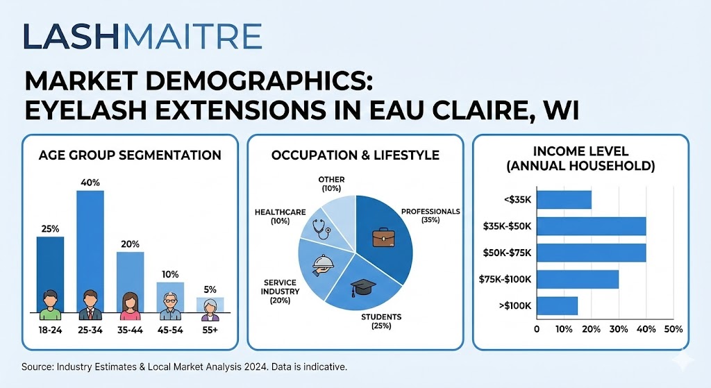 LASHMAITRE market research infographic detailing the age and occupation demographics for eyelash extensions eau claire, highlighting the significant student and healthcare professional sectors.