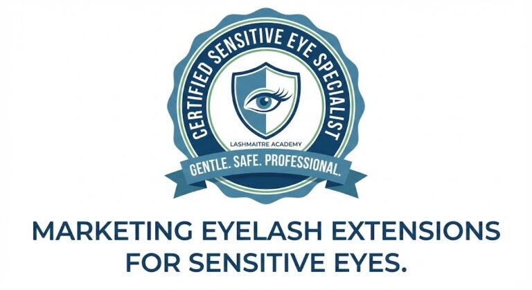 Official LASHMAITRE "Certified Sensitive Eye Specialist" badge, a trust signal used for marketing eyelash extensions for sensitive eyes to assure clients of safety and professionalism.
