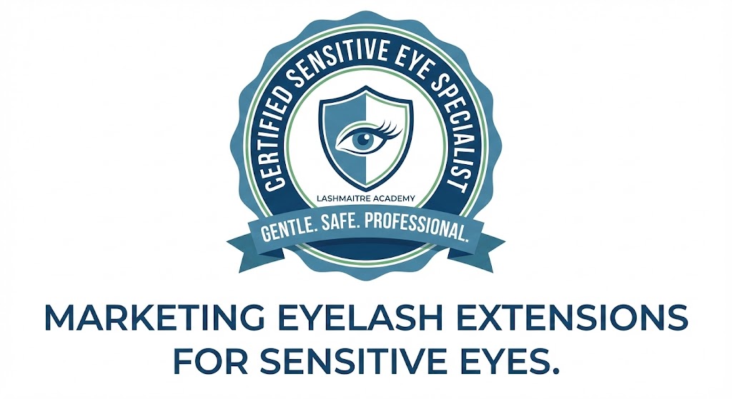 Official LASHMAITRE "Certified Sensitive Eye Specialist" badge, a trust signal used for marketing eyelash extensions for sensitive eyes to assure clients of safety and professionalism.