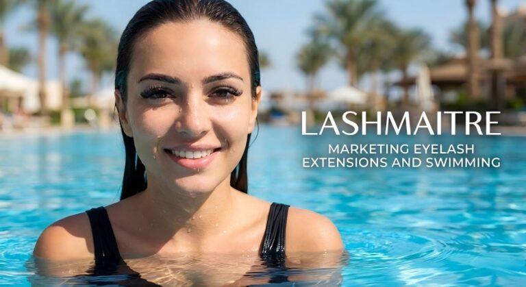LASHMAITRE marketing image showing a woman swimming with flawless lashes, visually demonstrating the durability and confidence provided by waterproof eyelash extensions during vacations.