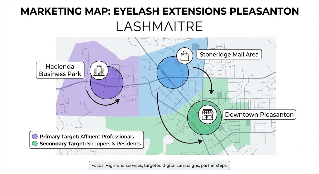 Marketing strategy map for LASHMAITRE eyelash extensions in Pleasanton CA, highlighting key business districts like Hacienda Business Park and Downtown for targeted advertising