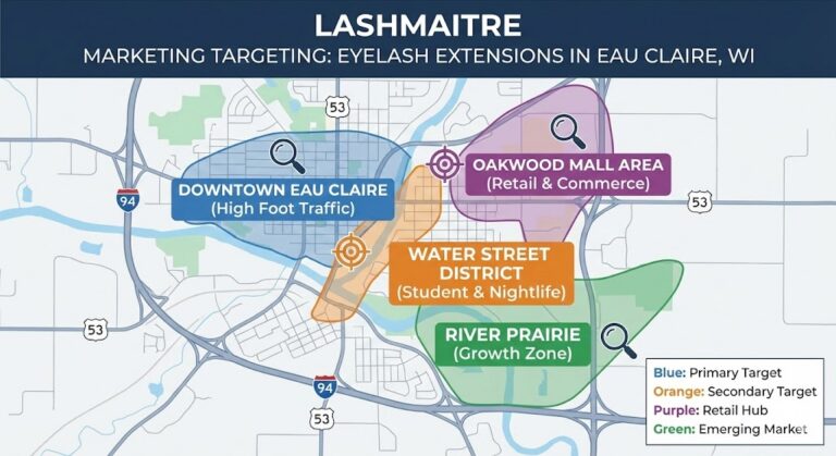 LASHMAITRE strategic marketing map showing primary target zones, including Downtown and Water Street, for promoting eyelash extensions eau claire to specific local demographics.