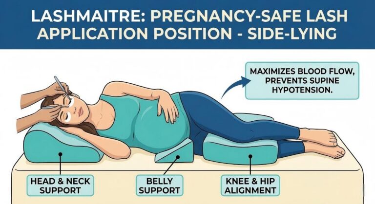 A LASHMAITRE diagram illustrating professional maternity lash service protocols, showing a pregnant client in the safe "side-lying position" with ergonomic pillow support for the head, belly, and knees to ensure proper circulation.