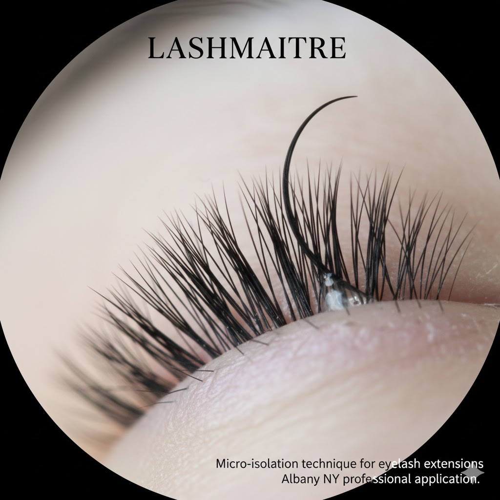 A microscopic close-up of a clean, seamless LASHMAITRE lash bond, demonstrating the micro-isolation technique. This level of precision is essential for professional eyelash extensions in the Albany beauty market.