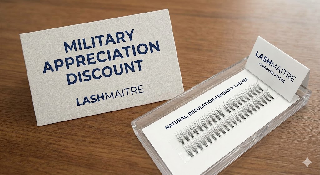 A LASHMAITRE Military Appreciation Discount card displayed next to a tray of natural, regulation-friendly eyelash extensions, perfect for service members looking for lashes near Camp Pendleton.