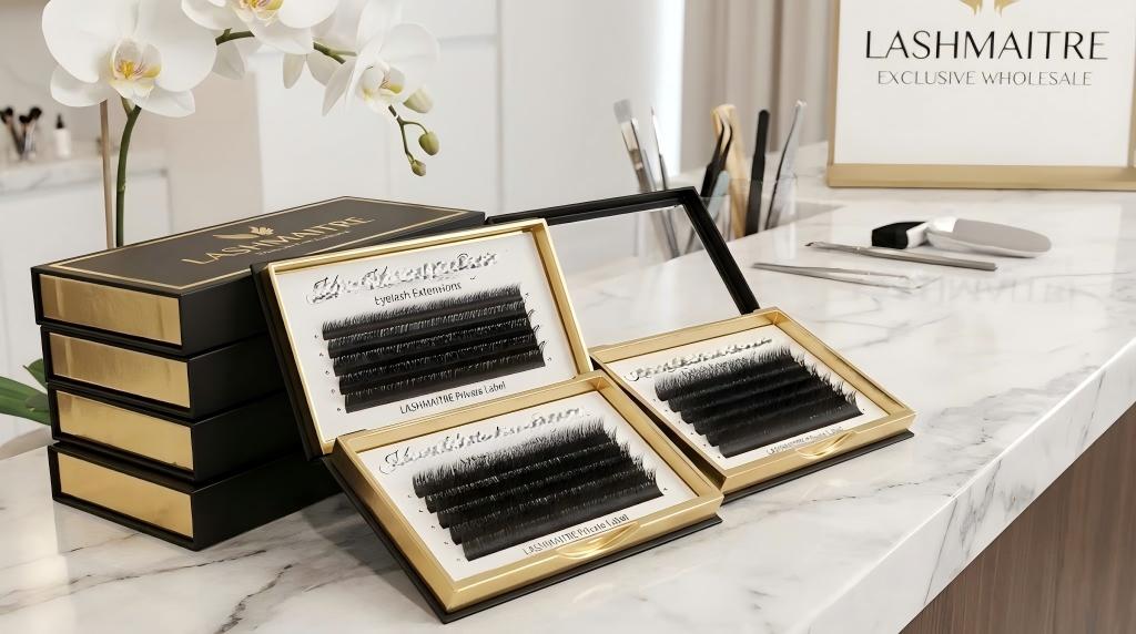 A professional B2B display of LASHMAITRE mixed-length lash trays and private label boxes, designed to create the trendy Kim Kardashian Eyelash Extensions wispy look.