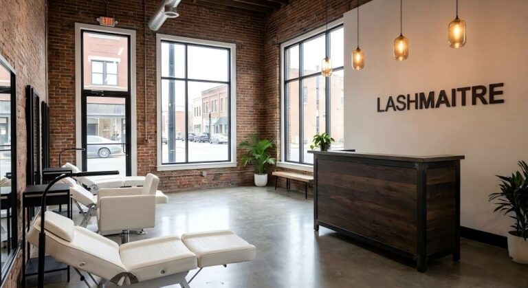 Interior view of the modern-industrial LASHMAITRE salon, the leading provider of eyelash extensions Kingsport TN, featuring exposed brick walls, large street-view windows, concrete floors, and white treatment beds.