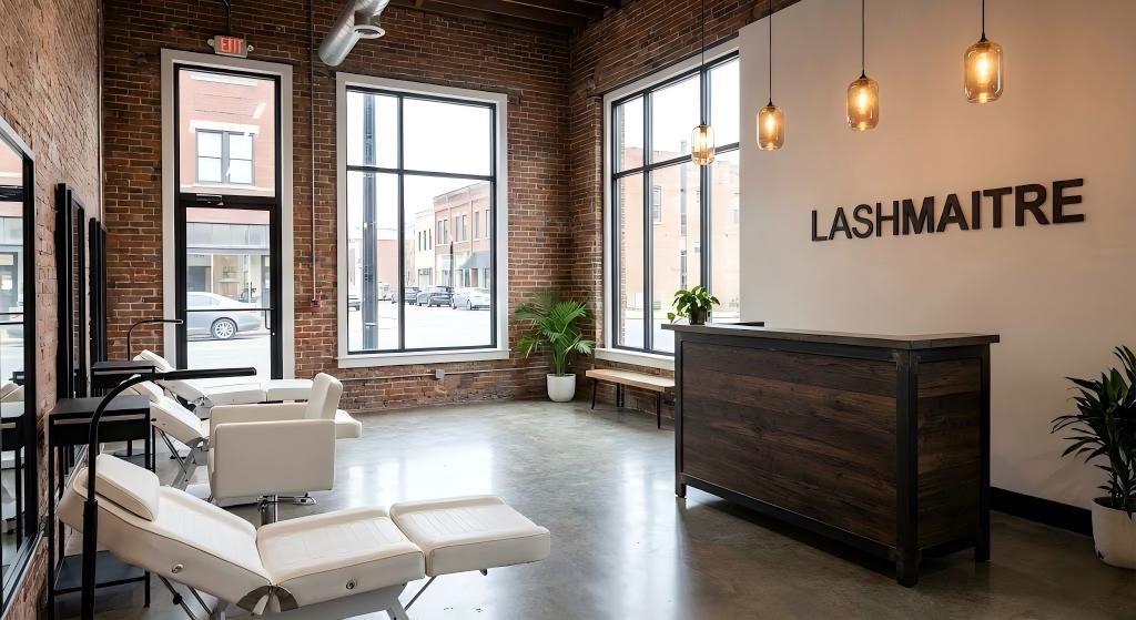 Interior view of the modern-industrial LASHMAITRE salon, the leading provider of eyelash extensions Kingsport TN, featuring exposed brick walls, large street-view windows, concrete floors, and white treatment beds.