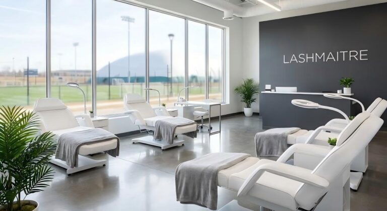 A wide-angle interior view of LASHMAITRE, a modern salon for eyelash extensions in Blaine, MN, featuring white treatment beds, large windows overlooking the National Sports Center fields, and a dark reception wall with the brand name.