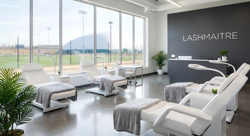 A wide-angle interior view of LASHMAITRE, a modern salon for eyelash extensions in Blaine, MN, featuring white treatment beds, large windows overlooking the National Sports Center fields, and a dark reception wall with the brand name.